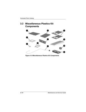 Page 743–14Maintenance and Service Guide
Illustrated Parts Catalog
3.3 Miscellaneous Plastics Kit 
Components
Figure 3-3 Miscellaneous Plastics Kit Components
279362-001.book  Page 14  Monday, July 8, 2002  11:49 AM 