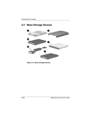Page 763–16Maintenance and Service Guide
Illustrated Parts Catalog
3.4 Mass Storage Devices
Figure 3-4. Mass Storage Devices
279362-001.book  Page 16  Monday, July 8, 2002  11:49 AM 