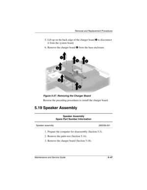Page 139Removal and Replacement Procedures
Maintenance and Service Guide5–47
5. Lift up on the back edge of the charger board 3 to disconnect 
it from the system board.
6. Remove the charger board 
4 from the base enclosure.
Figure 5-37. Removing the Charger Board
Reverse the preceding procedures to install the charger board.
5.19 Speaker Assembly
1. Prepare the computer for disassembly (Section 5.3).
2. Remove the palm rest (Section 5.14).
3. Remove the charger board (Section 5.18).
Speaker Assembly
Spare Part...
