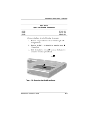 Page 87Removal and Replacement Procedures
Maintenance and Service Guide5–9
6. Remove the hard drive by following these steps:
a. Turn the computer bottom side up with the right side 
facing forward.
b. Remove the TM2.5 ×8.0 hard drive retention screw 
1 
(Figure 5-6).
c. Slide the hard drive forward 
2 to unseat the hard drive 
connector from the system board.
Figure 5-6. Removing the Hard Drive Screw
Hard Drives
Spare Part Number Information
40 MB
30 MB
20 MB273491-001
192406-001
288291-001
272638-001.book...