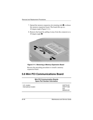 Page 925–14Maintenance and Service Guide
Removal and Replacement Procedures
7. Spread the memory expansion slot retaining tabs 1 to release 
the memory expansion board. The board tilts up at a 
45-degree angle (Figure 5-11).
8. Remove the board by pulling it away from the connector at a 
45-degree angle 
2.
Figure 5-11. Removing a Memory Expansion Board
Reverse the preceding procedures to install a memory 
expansion board.
5.6 Mini PCI Communications Board
Mini PCI Communication Boards
Spare Part Number...