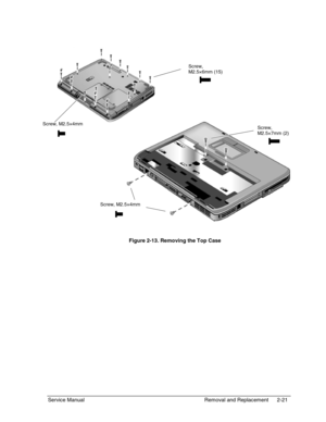 Page 42Service Manual Removal and Replacement 2-21
 
  Figure 2-13. Removing the Top Case
Screw, M2.5×4mm
Screw,
M2.5×6mm (15)
Screw,
M2.5×7mm (2) Screw, M2.5×4mm 