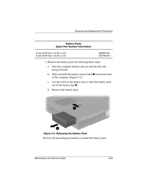 Page 111Removal and Replacement Procedures
Maintenance and Service Guide5–5
3. Remove the battery pack by following these steps:
a. Turn the computer bottom side up with the left side 
facing forward.
b. Slide and hold the battery release latch 
1 toward the back 
of the computer (Figure 5-2).
c. Use the notch in the battery bay to slide the battery pack 
out of the battery bay 
2.
d. Remove the battery pack.
Figure 5-2. Releasing the Battery Pack
Reverse the preceding procedures to install the battery pack....