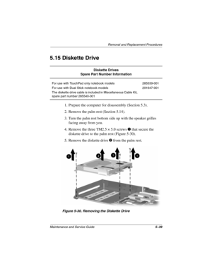 Page 145Removal and Replacement Procedures
Maintenance and Service Guide5–39
5.15 Diskette Drive
1. Prepare the computer for disassembly (Section 5.3).
2. Remove the palm rest (Section 5.14).
3. Turn the palm rest bottom side up with the speaker grilles 
facing away from you.
4. Remove the three TM2.5 × 5.0 screws 
1 that secure the 
diskette drive to the palm rest (Figure 5-30).
5. Remove the diskette drive 
2 from the palm rest.
Figure 5-30. Removing the Diskette Drive
Diskette Drives
Spare Part Number...