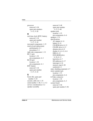 Page 218Index–6Maintenance and Service Guide
Index
processor
removal
 5–28
spare part numbers
 
3–13, 5–28
R
real time clock (RTC) battery
removal
 5–18
spare part number
 
3–17, 5–18
rear panel components
 1–33
removal and replacement
preliminaries
 4–1
procedures
 5–1
right side components
 1–31
RJ-11 jack
location
 1–34
pin assignments
 A–2
RJ-45 jack
location
 1–34
pin assignments
 A–1
RTC battery
removal
 5–18
spare part number
 
3–17, 5–18
S
Screw Kit, spare part 
number
 3–24
security cable slot
 1–34...