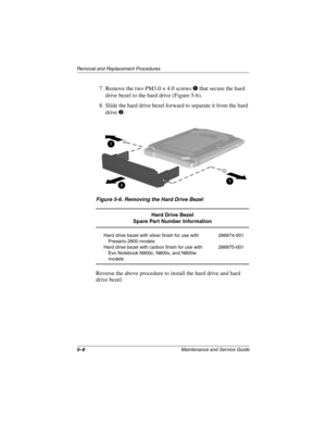 Page 1275–8Maintenance and Service Guide
Removal and Replacement Procedures
7. Remove the two PM3.0 × 4.0 screws 1 that secure the hard 
drive bezel to the hard drive (Figure 5-6).
8. Slide the hard drive bezel forward to separate it from the hard 
drive 2.
Figure 5-6. Removing the Hard Drive Bezel
Reverse the above procedure to install the hard drive and hard 
drive bezel.
Hard Drive Bezel
Spare Part Number Information
Hard drive bezel with silver finish for use with 
Presario 2800 models
Hard drive bezel with...