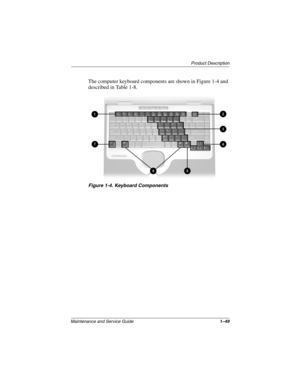 Page 54Product Description
Maintenance and Service Guide1–49
The computer keyboard components are shown in Figure 1-4 and 
described in Table 1-8.
Figure 1-4. Keyboard Components
268135-003.book  Page 49  Thursday, January 30, 2003  9:12 AM 