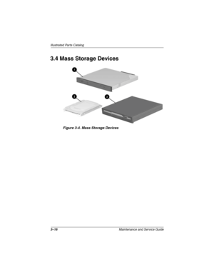 Page 673–16Maintenance and Service Guide
Illustrated Parts Catalog
3.4 Mass Storage Devices
Figure 3-4. Mass Storage Devices
268135-002.book  Page 16  Thursday, October 24, 2002  4:10 PM 