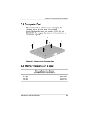 Page 87Removal and Replacement Procedures
Maintenance and Service Guide5–9
5.4 Computer Feet
The computer feet are adhesive-backed rubber pads. The 
computer feet are included in the Miscellaneous 
Plastics/Hardware Kit, spare part numbers 285261-001 and 
286868-001. The computer feet attach to the base enclosure as 
illustrated in Figure 5-7.
Figure 5-7. Replacing the Computer Feet
5.5 Memory Expansion Board
Memory Expansion Boards
Spare Part Number Information
512 MB
256 MB
128 MB285273-001
285272-001...