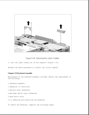 Page 1603. Lift the right cradle out of the computer (Figure 5-36).
Reverse the above procedure to install the clutch cradles.
Chapter 5.9 Keyboard Assembly 
Maintenance of the keyboard assembly includes removal and replacement of
the following:
o Keyboard assembly
o EasyPoint II controller
o Battery eject mechanism
o MultiBay device eject mechanism
o Hard drive latch
5.9.1 Removing and Installing the Keyboard
To remove the keyboard, complete the following steps: 