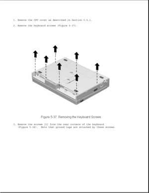 Page 1611. Remove the CPU cover as described in Section 5.5.1.
2. Remove the keyboard screws (Figure 5-37).
3. Remove the screws [1] from the rear corners of the keyboard
(Figure 5-38). Note that ground lugs are attached by these screws. 