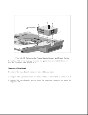 Page 198To install the power supply, reverse the procedure presented above. Be
sure to reconnect the ground wire.
Chapter 6.8 Main Board 
To remove the main board, complete the following steps:
1. Prepare the expansion base for disassembly as described in Section 6.3.
2. Remove the two shoulder screws from the computer connector as shown in
Figure 6-14. 