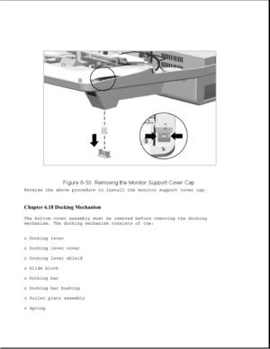 Page 215Reverse the above procedure to install the monitor support cover cap.
Chapter 6.18 Docking Mechanism 
The bottom cover assembly must be removed before removing the docking
mechanism. The docking mechanism consists of the:
o Docking lever
o Docking lever cover
o Docking lever shield
o Slide block
o Docking bar
o Docking bar bushing
o Puller plate assembly
o Spring 