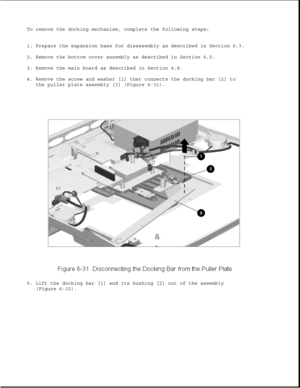 Page 216To remove the docking mechanism, complete the following steps:
1. Prepare the expansion base for disassembly as described in Section 6.3.
2. Remove the bottom cover assembly as described in Section 6.5.
3. Remove the main board as described in Section 6.8.
4. Remove the screw and washer [1] that connects the docking bar [2] to
the puller plate assembly [3] (Figure 6-31).
5. Lift the docking bar [1] and its bushing [2] out of the assembly
(Figure 6-32). 