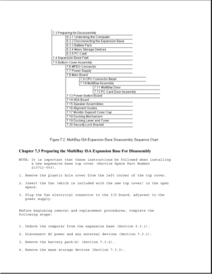 Page 225Chapter 7.3 Preparing the MultiBay ISA Expansion Base For Disassembly 
NOTE: It is important that these instructions be followed when installing
a new expansion base top cover (Service Spare Part Number
213711-003).
1. Remove the plastic hole cover from the left corner of the top cover.
2. Insert the fan (which is included with the new top cover) in the open
space.
3. Plug the fan electrical connector to the I/O board, adjacent to the
power supply.
Before beginning removal and replacement procedures,...