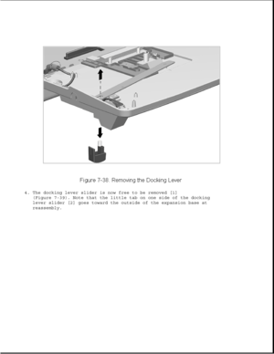 Page 2624. The docking lever slider is now free to be removed [1]
(Figure 7-39). Note that the little tab on one side of the docking
lever slider [2] goes toward the outside of the expansion base at
reassembly. 