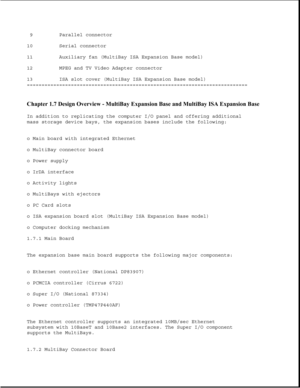 Page 349 Parallel connector
10 Serial connector
11 Auxiliary fan (MultiBay ISA Expansion Base model)
12 MPEG and TV Video Adapter connector
13 ISA slot cover (MultiBay ISA Expansion Base model)
===========================================================================
Chapter 1.7 Design Overview - MultiBay Expansion Base and MultiBay ISA Expansion Base 
In addition to replicating the computer I/O panel and offering additional
mass storage device bays, the expansion bases include the following:
o Main board...