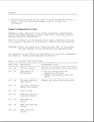 Page 53Graphics
===========================================================================
7. Follow the instructions on the screen to cycle through the screens, to
return to the list and choose another item, or to print the
information.
Chapter 2.6 Diagnostic Error Codes 
Diagnostic error codes occur if the system recognizes a problem while
running the Compaq Diagnostic program. These error codes help identify
possibly defective subassemblies.
Tables 2-4 through 2-16 list possible error codes, a description...