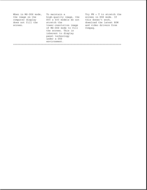 Page 77When in MS-DOS mode, To maintain a Try FN+Ttostretch the
the image on the high-quality image, the screen in DOS mode. If
computer display 800 x 600 models do not this doesnt work,
does not fill the stretch the download the latest ROM
screen. lower-resolution image and video drivers from
of MS-DOS mode to fill Compaq.
the screen. This is
inherent to display
panel technology
under a DOS
environment.
=========================================================================== 