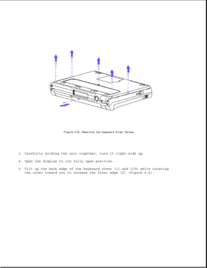 Page 1083. Carefully holding the unit together, turn it right-side up.
4. Open the display to its fully open position.
5. Tilt up the back edge of the keyboard cover [1] and lift while rotating
the cover toward you to release the front edge [2] (Figure 4-6). 