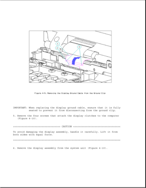 Page 113IMPORTANT: When replacing the display ground cable, ensure that it is fully
seated to prevent it from disconnecting from the ground clip.
5. Remove the four screws that attach the display clutches to the computer
(Figure 4-10).
>>>>>>>>>>>>>>>>>>>>>>>>>>>>>>>>> CAUTION >>>>>