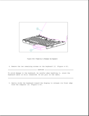 Page 1384. Remove the two remaining screws on the keyboard [1] (Figure 4-30).
>>>>>>>>>>>>>>>>>>>>>>>>>>>>>>>>> CAUTION >>>>>