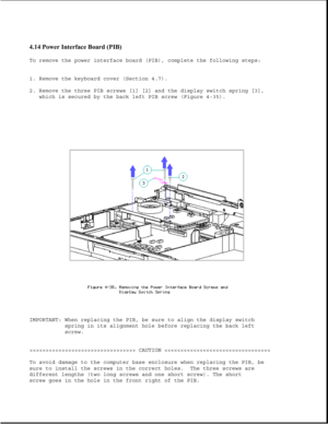 Page 1444.14 Power Interface Board (PIB) 
To remove the power interface board (PIB), complete the following steps:
1. Remove the keyboard cover (Section 4.7).
2. Remove the three PIB screws [1] [2] and the display switch spring [3],
which is secured by the back left PIB screw (Figure 4-35).
IMPORTANT: When replacing the PIB, be sure to align the display switch
spring in its alignment hole before replacing the back left
screw.
>>>>>>>>>>>>>>>>>>>>>>>>>>>>>>>>> CAUTION 