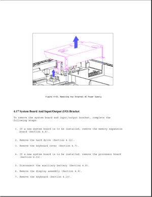 Page 1524.17 System Board And Input/Output (I/O) Bracket 
To remove the system board and input/output bracket, complete the
following steps:
1. If a new system board is to be installed, remove the memory expansion
board (Section 4.6).
2. Remove the hard drive (Section 4.12).
3. Remove the keyboard cover (Section 4.7).
4. If a new system board is to be installed, remove the processor board
(Section 4.13).
5. Disconnect the auxiliary battery (Section 4.8).
6. Remove the display assembly (Section 4.9).
7. Remove...