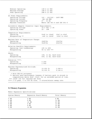 Page 171Nominal Operating 11W @ 12 VDC
Maximum Average 16W @ 12 VDC
Peak Operating 24W @ 12 VDC
---------------------------------------------------------------------------
AC Power Requirements:
Operating Voltage 100 - 120/220 - 240V RMS
Operating Current .8A/.4A RMS
Operating Frequency 47 - 63 Hz
Maximum Transient Meets IEC 801-4 and IEC 801-5
---------------------------------------------------------------------------
Automobile Adapter Connector Input Requirements:
Operating Voltage 18.5 VDC +/-3%
Operating...