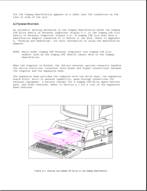 Page 180for the Compaq SmartStation appears on a label near the connectors on the
rear or side of the unit.
6.2 System Overview 
An automatic docking mechanism in the Compaq SmartStation docks the Compaq
LTE Elite Family of Personal Computers (Figure 6-1) or the Compaq LTE Lite
Family of Personal Computers (Figure 6-2). A Compaq LTE Lite must have a
SmartStation Adapter connected to it before it can dock. Refer to Appendix
D, Docking and Undocking, for more information on using the SmartStation
Adapter.
NOTE:...