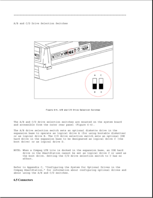 Page 185===========================================================================
A/B and C/D Drive Selection Switches
The A/B and C/D drive selection switches are mounted on the system board
and accessible from the outer rear panel (Figure 6-4).
The A/B drive selection switch sets an optional diskette drive in the
expansion base to operate as logical drive A (for using bootable diskettes)
or as logical drive B. The C/D drive selection switch sets an optional IDE
hard drive in the expansion base to be...