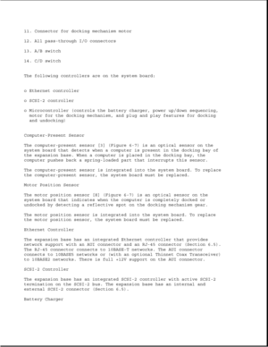 Page 18911. Connector for docking mechanism motor
12. All pass-through I/O connectors
13. A/B switch
14. C/D switch
The following controllers are on the system board:
o Ethernet controller
o SCSI-2 controller
o Microcontroller (controls the battery charger, power up/down sequencing,
motor for the docking mechanism, and plug and play features for docking
and undocking)
Computer-Present Sensor
The computer-present sensor [3] (Figure 6-7) is an optical sensor on the
system board that detects when a computer is...