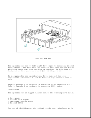 Page 197The expansion base has two half-height drive cages for installing internal
drive options in the drive bays. The expansion base comes from the factory
with blank panels that cover the drive bay openings. The drive bays are
designated as drive positions 1 and 2 [1], [2] (Figure 6-14).
To be supported in the expansion base, drives must meet the power
requirements in Section 10.2, and the dimension requirements in Section
10.1.
Refer to Appendix C to configure the system for drives other than SCSI-2.
Refer...