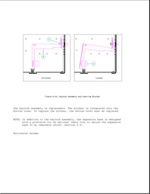 Page 201The keylock assembly is replaceable. The blocker is integrated into the
bottom cover. To replace the blocker, the bottom cover must be replaced.
NOTE: In addition to the keylock assembly, the expansion base is designed
with a provision for an optional cable lock to secure the expansion
base to an immovable object (Section 6.9).
Horizontal Guides 