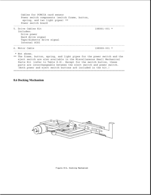 Page 234Cables for PCMCIA card sensor
Power switch components (switch frame, button,
spring, and two light pipes) **
Power switch board
---------------------------------------------------------------------------
5. Drive Cables Kit 198991-001 *
Includes:
Drive power
Hard drive signal
Tape/diskette drive signal
Internal SCSI
---------------------------------------------------------------------------
6. Motor Cable 198999-001 *
---------------------------------------------------------------------------
* Not...