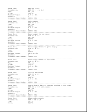 Page 238Where Used: Keylock plate
Description: SCR, M3 - .5 x 6.0
Type: PT, pan
Drive: T10/SL
Maximum Torque: 6.0 in.-lb.
Quantity: 2
Reference Part Number: 198922-001
---------------------------------------------------------------------------
Where Used: Drive cages
Description: SCR, M3 x 6.0
Type: MA, pan
Drive: T10/SL
Maximum Torque: 6.0 in.-lb.
Quantity: 8
Reference Part Number: 198889-001
---------------------------------------------------------------------------
Where Used: Power supply to top cover...