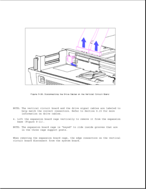 Page 254NOTE: The vertical circuit board and the drive signal cables are labeled to
help match the correct connectors. Refer to Section 9.15 for more
information on drive cables.
4. Lift the expansion board cage vertically to remove it from the expansion
base (Figure 9-11).
NOTE: The expansion board cage is keyed to ride inside grooves that are
in the three cage support posts.
When removing the expansion board cage, the edge connectors on the vertical
circuit board disconnect from the system board. 