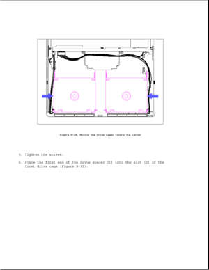 Page 2795. Tighten the screws.
6. Place the first end of the drive spacer [1] into the slot [2] of the
first drive cage (Figure 9-35). 