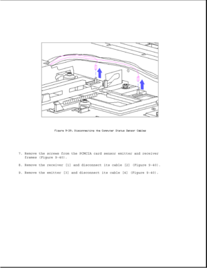 Page 2847. Remove the screws from the PCMCIA card sensor emitter and receiver
frames (Figure 9-40).
8. Remove the receiver [1] and disconnect its cable [2] (Figure 9-40).
9. Remove the emitter [3] and disconnect its cable [4] (Figure 9-40). 