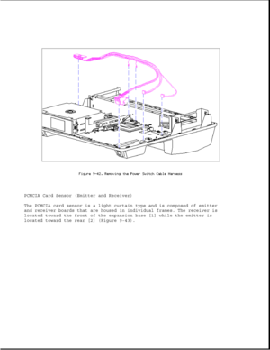 Page 287PCMCIA Card Sensor (Emitter and Receiver)
The PCMCIA card sensor is a light curtain type and is composed of emitter
and receiver boards that are housed in individual frames. The receiver is
located toward the front of the expansion base [1] while the emitter is
located toward the rear [2] (Figure 9-43). 