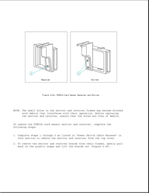 Page 289NOTE: The small holes in the emitter and receiver frames may become blocked
with debris that interferes with their operation. Before replacing
the emitter and receiver, ensure that the holes are free of debris.
To remove the PCMCIA card sensor emitter and receiver, complete the
following steps:
1. Complete steps 1 through 9 as listed in Power Switch Cable Harness in
this section to remove the emitter and receiver from the top cover.
2. To remove the emitter and receiver boards from their frames, gently...