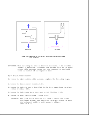 Page 290IMPORTANT: When replacing the emitter board in its frame, it is possible to
install it backwards. To connect the emitter board to the power
switch cable harness, ensure that the connector on the board
faces the outside of the expansion base.
Eject Switch Cable Harness
To remove the eject switch cable harness, complete the following steps:
1. Remove the bottom cover (Section 9.6).
2. Remove the drive if one is installed in the drive cage above the eject
switch (Section 9.15).
3. Remove the drive cage...