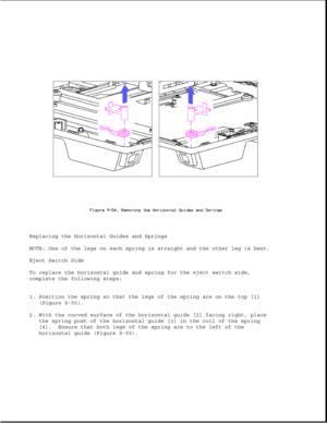 Page 300Replacing the Horizontal Guides and Springs
NOTE: One of the legs on each spring is straight and the other leg is bent.
Eject Switch Side
To replace the horizontal guide and spring for the eject switch side,
complete the following steps:
1. Position the spring so that the legs of the spring are on the top [1]
(Figure 9-55).
2. With the curved surface of the horizontal guide [2] facing right, place
the spring post of the horizontal guide [3] in the coil of the spring
[4]. Ensure that both legs of the...