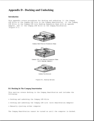 Page 345Appendix D - Docking and Undocking 
 
Introduction 
This appendix covers procedures for docking and undocking (1) the Compaq
LTE Elite or the Compaq LTE Lite in the Compaq SmartStation, (2) the Compaq
LTE Elite in the Compaq LTE Lite Desktop Expansion Base with an upgrade
adapter, and (3) the Compaq LTE Elite in the Compaq MiniStation
(Figure D-1).
D.1 Docking In The Compaq Smartstation 
This section covers docking in the Compaq SmartStation and includes the
following:
o Docking and undocking the Compaq...