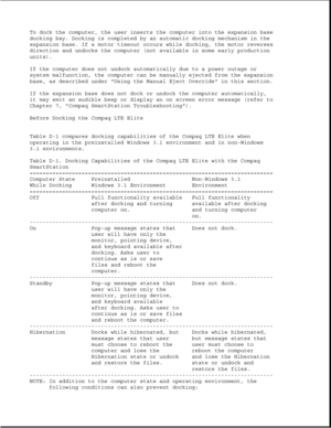 Page 346To dock the computer, the user inserts the computer into the expansion base
docking bay. Docking is completed by an automatic docking mechanism in the
expansion base. If a motor timeout occurs while docking, the motor reverses
direction and undocks the computer (not available in some early production
units).
If the computer does not undock automatically due to a power outage or
system malfunction, the computer can be manually ejected from the expansion
base, as described under Using the Manual Eject...