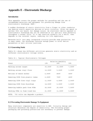 Page 374Appendix E - Electrostatic Discharge 
 
Introduction 
This appendix covers the proper methods for grounding and the use of
recommended materials and equipment for preventing damage from
electrostatic discharge (ESD).
A sudden discharge of static electricity from a finger or other conductor
can destroy static-sensitive devices or micro circuitry. Often the spark is
neither felt nor heard, but damage occurs. An electronic device exposed to
electrostatic discharge may not be affected at all and will work...