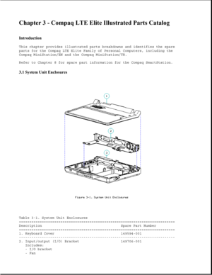 Page 81Chapter 3 - Compaq LTE Elite Illustrated Parts Catalog 
 
Introduction 
This chapter provides illustrated parts breakdowns and identifies the spare
parts for the Compaq LTE Elite Family of Personal Computers, including the
Compaq MiniStation/EN and the Compaq MiniStation/TR.
Refer to Chapter 8 for spare part information for the Compaq SmartStation.
3.1 System Unit Enclosures 
Table 3-1. System Unit Enclosures
===========================================================================
Description Spare...