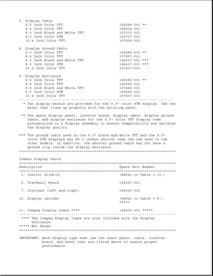 Page 855. Display Cable
9.5 Inch Color TFT 149589-001 **
8.4 Inch Color TFT 149604-001
9.5 Inch Black and White TFT 197632-001
9.5 Inch Color STN 149737-001
10.4 Inch Color TFT 197909-001
8. Display Ground Cable
9.5 Inch Color TFT 149589-001 **
8.4 Inch Color TFT 197857-001
9.5 Inch Black and White TFT 194637-001 ***
9.5 Inch Color STN 194637-001 ***
10.4 Inch Color TFT 197937-001
9. Display Enclosure
9.5 Inch Color TFT 149589-001 **
8.4 Inch Color TFT 149596-001
9.5 Inch Black and White TFT 197664-001
9.5 Inch...