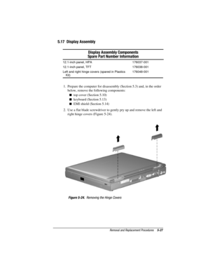Page 75Removal and Replacement Procedures5-27
COMPAQ CONFIDENTIAL - NEED TO KNOW REQUIRED
Writer: David Calvert    Saved by: JAbercrombie    Saved date: 04/05/00 1:32 PM
Part Number: 177845-001     File name: CH05.doc
5.17  Display Assembly
Display Assembly Components
Spare Part Number Information
12.1-inch panel, HPA 176037-001
12.1-inch panel, TFT 176038-001
Left and right hinge covers (spared in Plastics
Kit)176048-001
1.  Prepare the computer for disassembly (Section 5.3) and, in the order
below, remove the...
