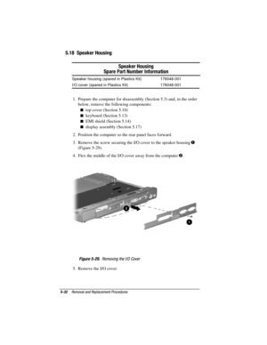 Page 805-32Removal and Replacement Procedures
COMPAQ CONFIDENTIAL - NEED TO KNOW REQUIRED
Writer: David Calvert    Saved by: JAbercrombie    Saved date: 04/05/00 1:32 PM
Part Number: 177845-001     File name: CH05.doc
5.18  Speaker Housing
Speaker Housing
Spare Part Number Information
Speaker housing (spared in Plastics Kit) 176048-001
I/O cover (spared in Plastics Kit) 176048-001
1.  Prepare the computer for disassembly (Section 5.3) and, in the order
below, remove the following components:
 top cover...